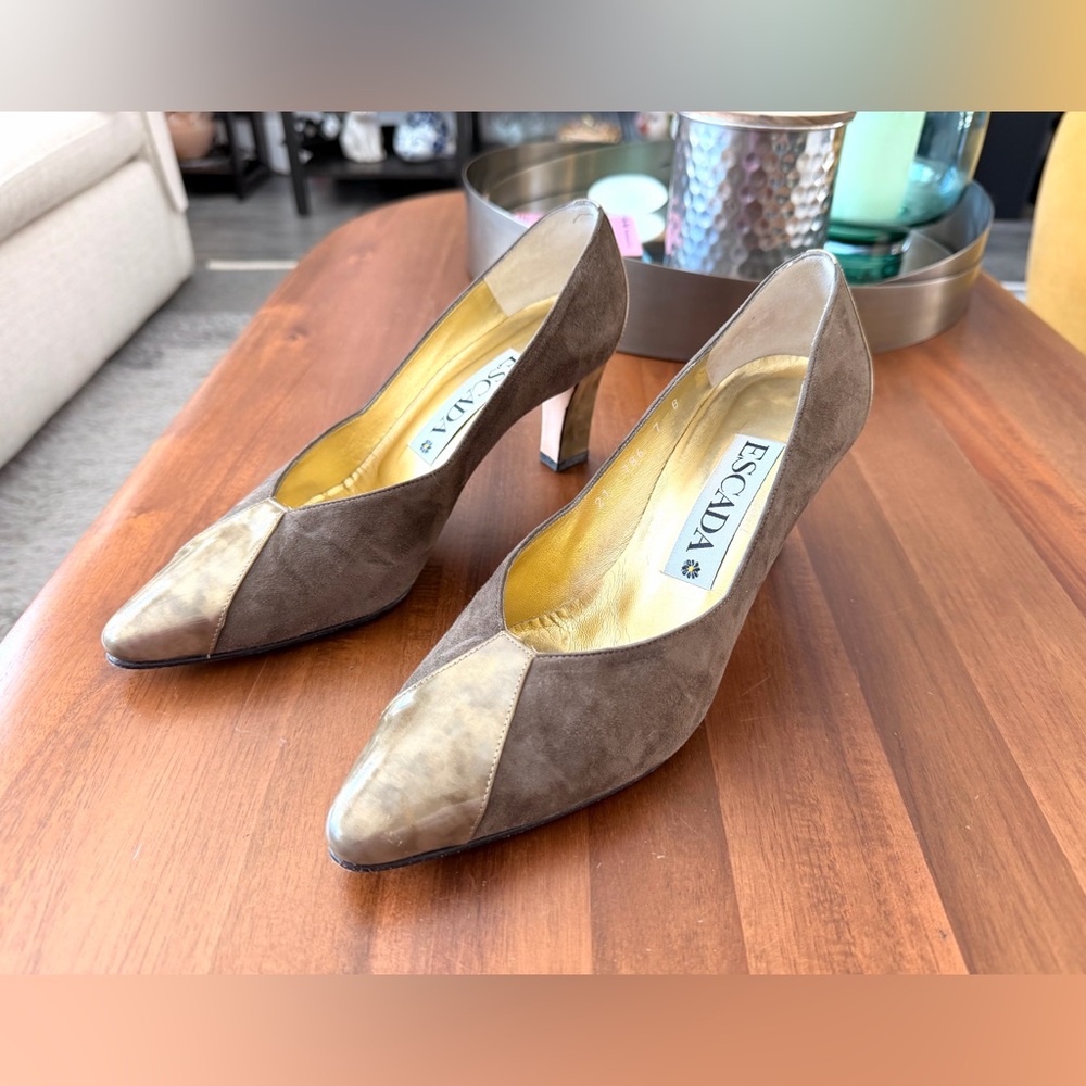 Escada Brown Suede Pumps with Metallic Toe